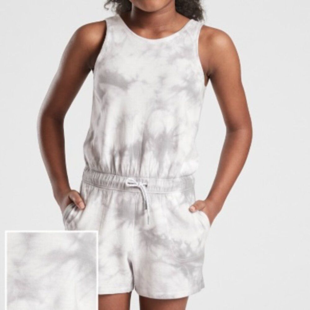 Athleta Girl XL-14 Havin a Great Time Tank Romper White-Gray Tie Dyed Drawstring